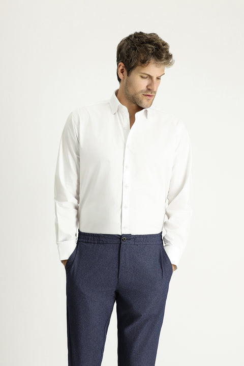 White Long-Sleeve Classic Patterned Cotton Shirt