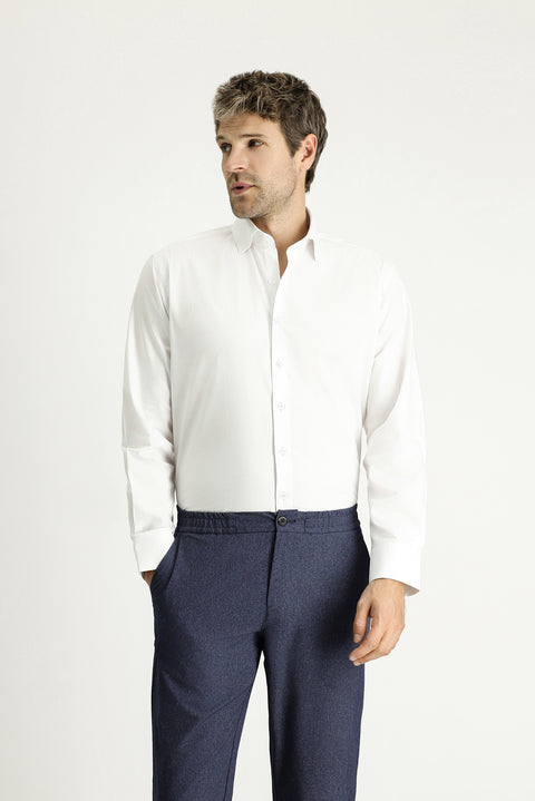 White Long-Sleeve Classic Patterned Cotton Shirt
