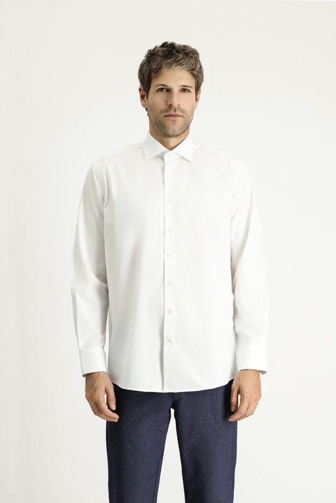 White Long-Sleeve Classic Patterned Cotton Shirt