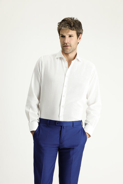 White Long-Sleeve Classic Patterned Cotton Shirt