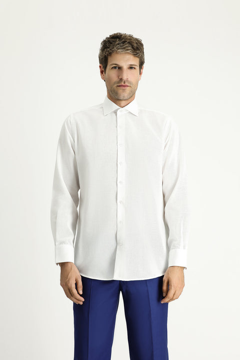 White Long-Sleeve Classic Patterned Cotton Shirt