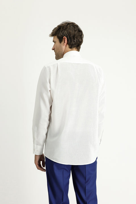 White Long-Sleeve Classic Patterned Cotton Shirt
