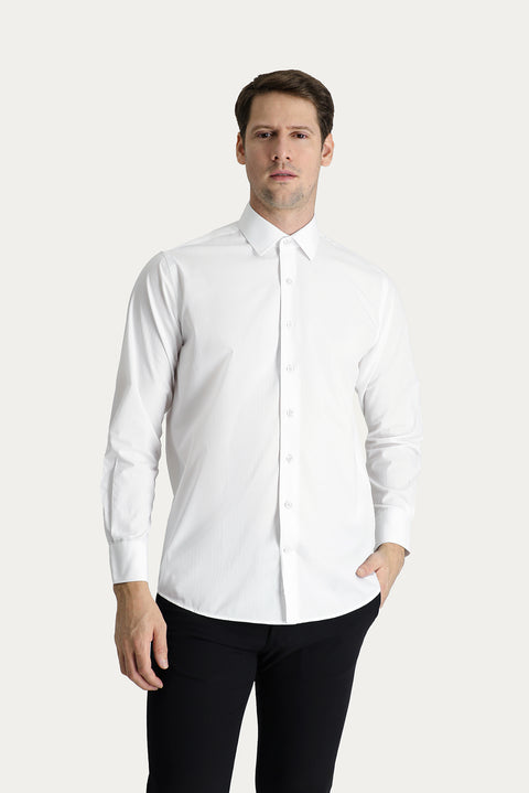 White Long-Sleeve Classic Striped Cotton Shirt