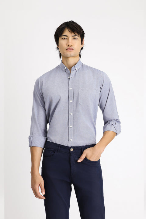 Dark Navy Long Sleeve Regular Fit Oxford Patterned Cotton Button-Down Shirt
