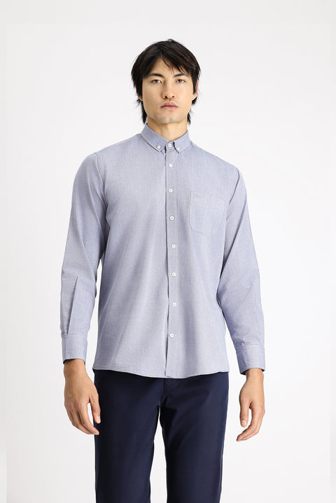 Dark Navy Long Sleeve Regular Fit Oxford Patterned Cotton Button-Down Shirt