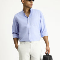 Dark Blue Long Sleeve Regular Fit Oxford Pattern Cotton Button-Down Shirt
