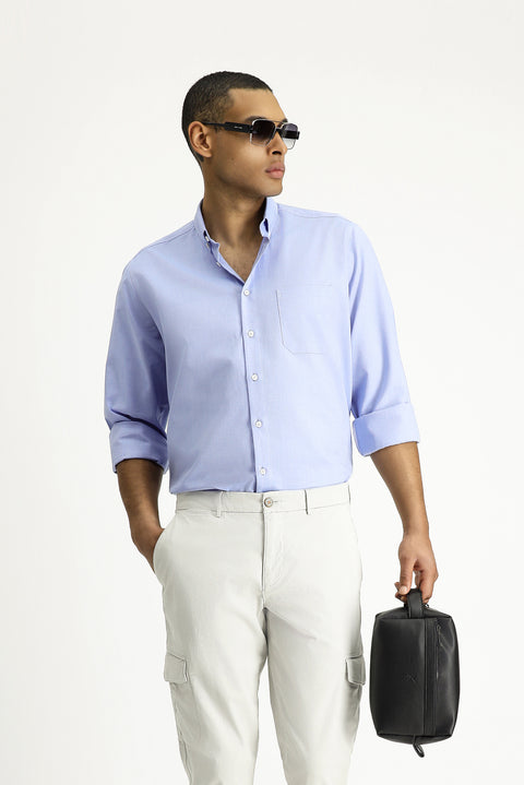 Dark Blue Long Sleeve Regular Fit Oxford Pattern Cotton Button-Down Shirt