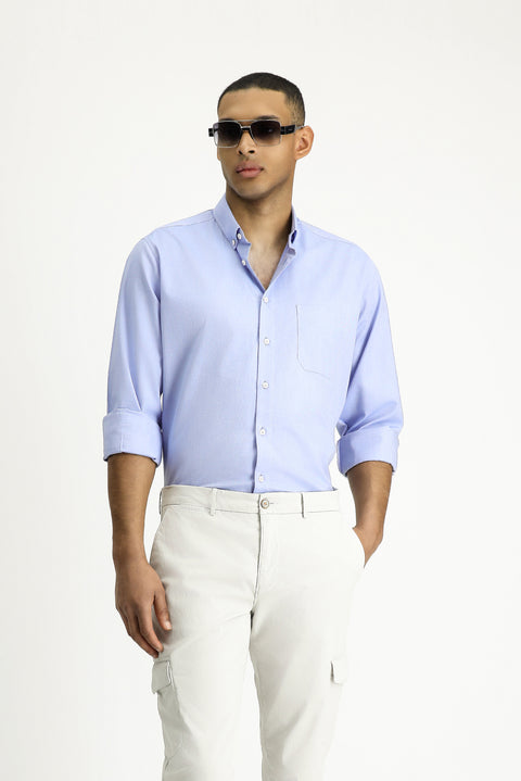 Dark Blue Long Sleeve Regular Fit Oxford Pattern Cotton Button-Down Shirt