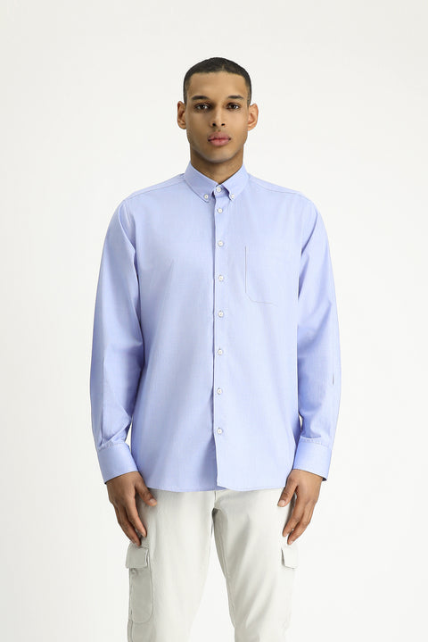 Dark Blue Long Sleeve Regular Fit Oxford Pattern Cotton Button-Down Shirt