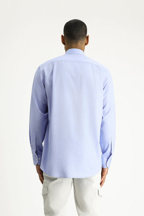 Dark Blue Long Sleeve Regular Fit Oxford Pattern Cotton Button-Down Shirt