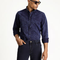 Indigo Long Sleeve Regular Fit Patterned Denim Cotton Shirt
