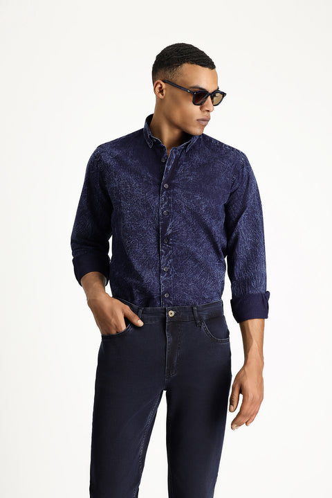 Indigo Long Sleeve Regular Fit Patterned Denim Cotton Shirt