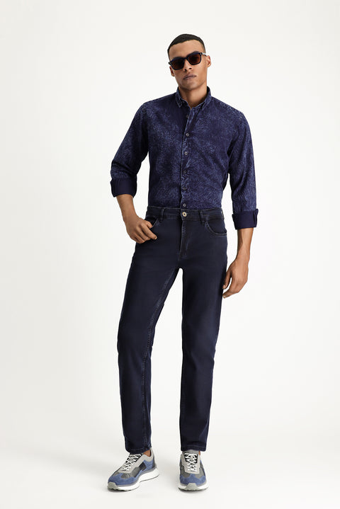 Indigo Long Sleeve Regular Fit Patterned Denim Cotton Shirt