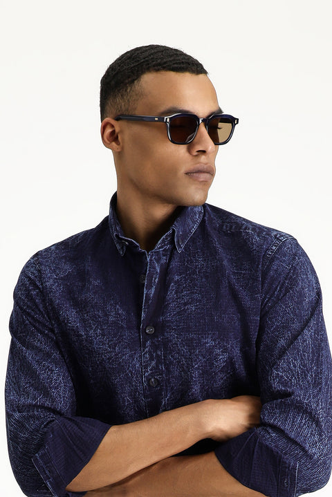 Indigo Long Sleeve Regular Fit Patterned Denim Cotton Shirt