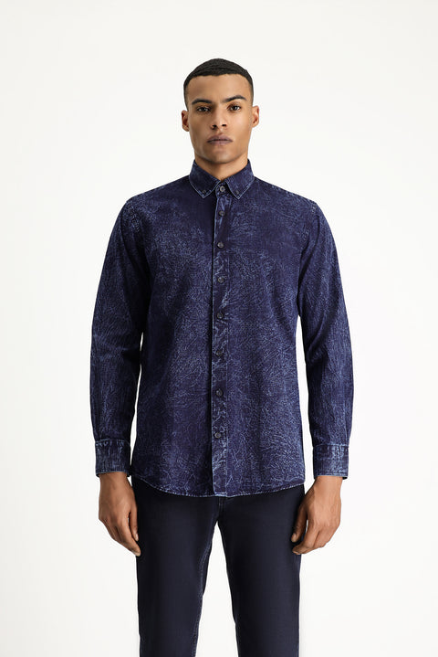 Indigo Long Sleeve Regular Fit Patterned Denim Cotton Shirt