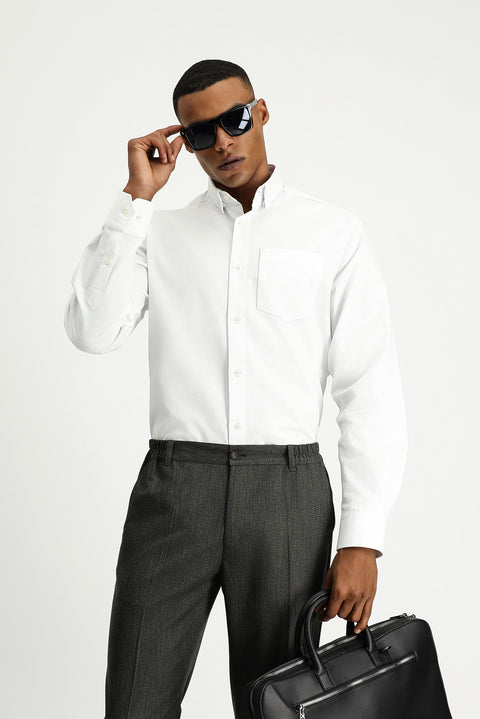 White Long Sleeve Regular Fit Patterned Cotton Shirt