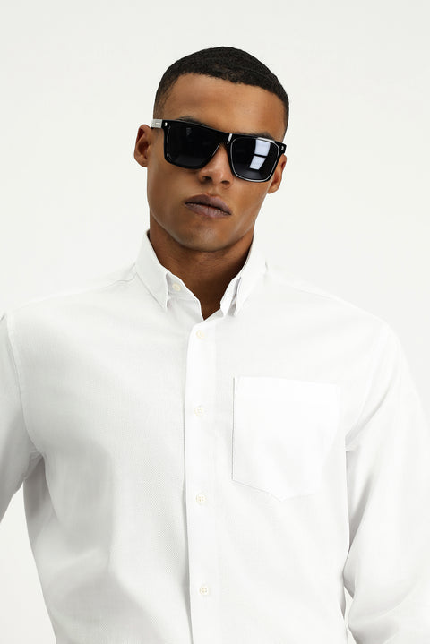 White Long Sleeve Regular Fit Patterned Cotton Shirt