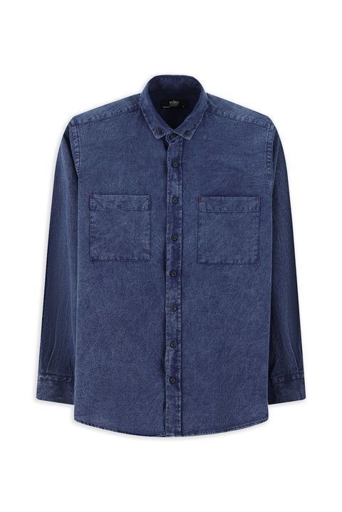 Indigo Long Sleeve Regular Fit Patterned Cotton Button-Down Collar Denim Look Shirt