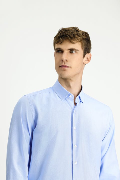 Light Blue Long Sleeve Regular Fit Patterned Cotton Button-Down Collar Oxford Shirt