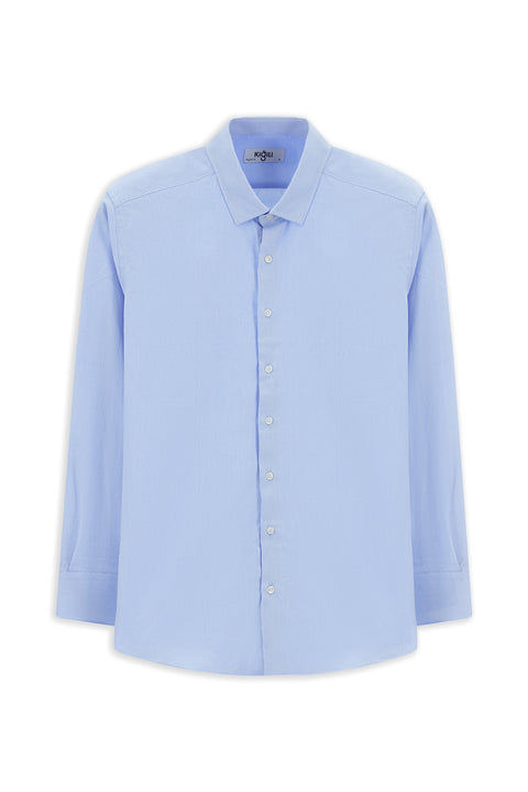 Light Blue Long Sleeve Regular Fit Patterned Cotton Button-Down Collar Oxford Shirt