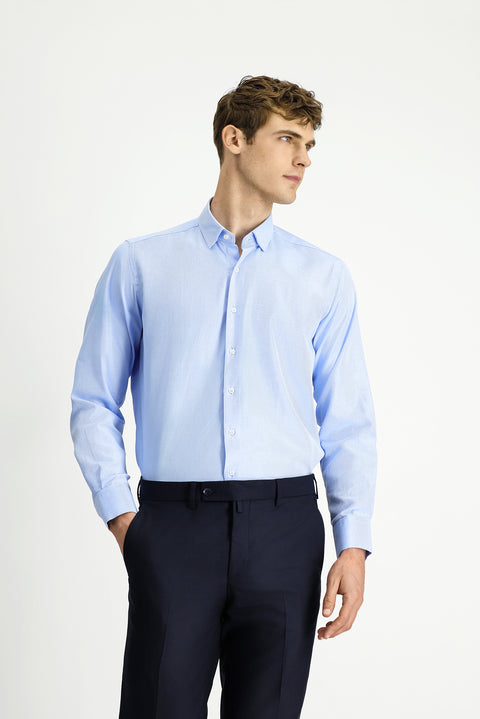 Light Blue Long Sleeve Regular Fit Patterned Cotton Button-Down Collar Oxford Shirt