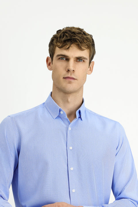 Blue Long Sleeve Regular Fit Patterned Cotton Button-Down Collar Oxford Shirt