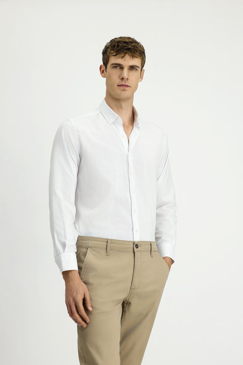 White Long Sleeve Regular Fit Patterned Cotton Button-Down Collar Oxford Shirt