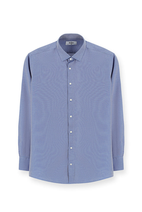 Navy Blue Long Sleeve Regular Fit Patterned Cotton Oxford Shirt