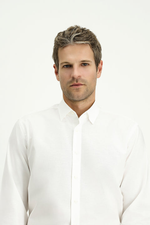 White Long Sleeve Regular Fit Patterned Cotton Oxford Shirt