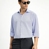 Blue Long-Sleeve Classic Patterned Cotton Shirt