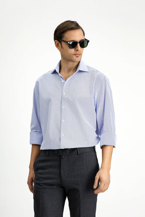 Blue Long-Sleeve Classic Patterned Cotton Shirt