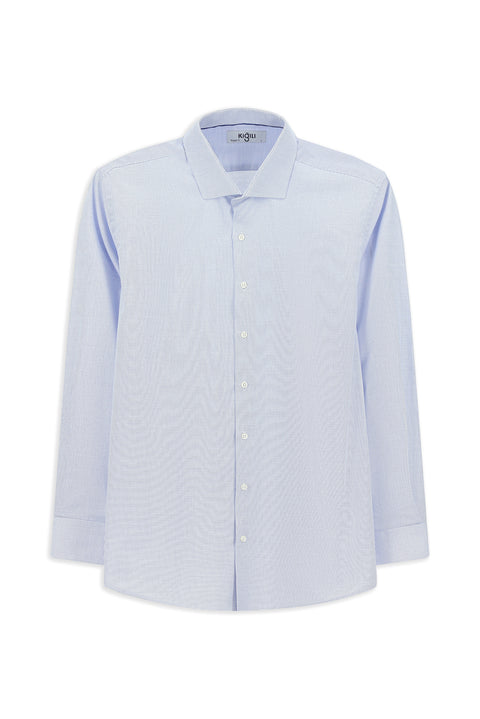 Blue Long-Sleeve Classic Patterned Cotton Shirt