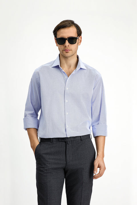 Blue Long-Sleeve Classic Patterned Cotton Shirt