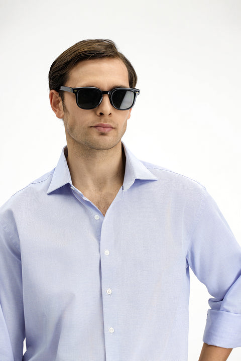 Blue Long-Sleeve Classic Patterned Cotton Shirt