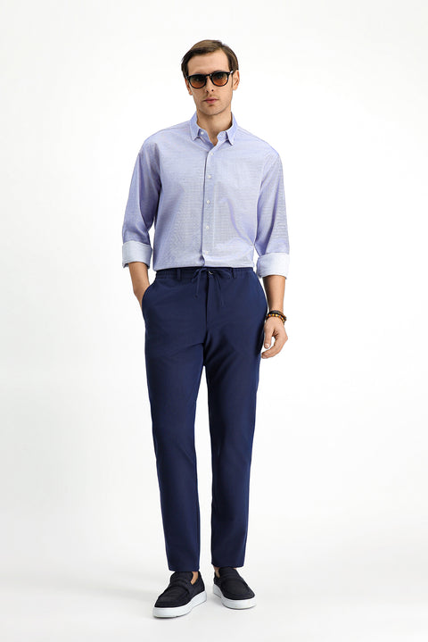 Medium Navy Long Sleeve Classic Patterned Cotton Shirt