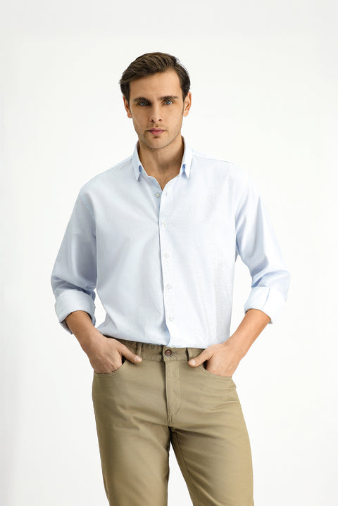 Light Blue Long-Sleeve Classic Patterned Cotton Shirt