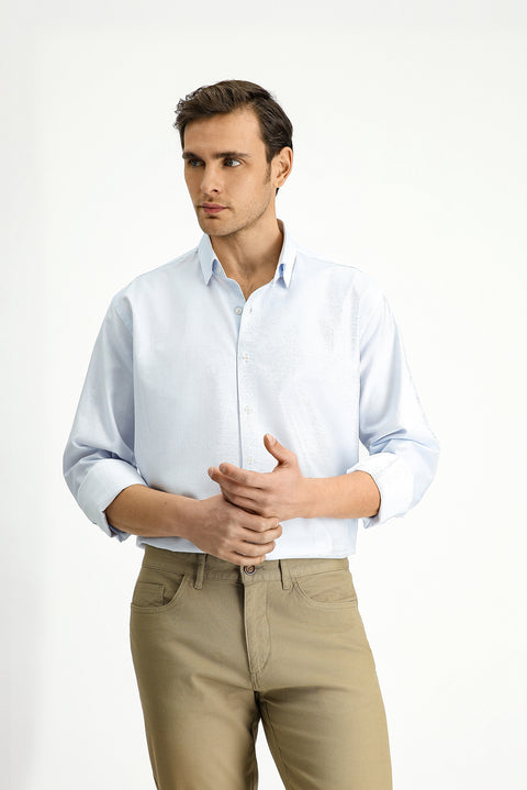 Light Blue Long-Sleeve Classic Patterned Cotton Shirt