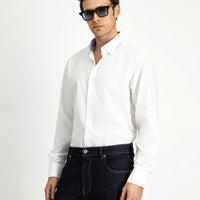 White Long-Sleeve Classic Patterned Cotton Shirt