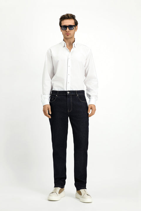 White Long-Sleeve Classic Patterned Cotton Shirt