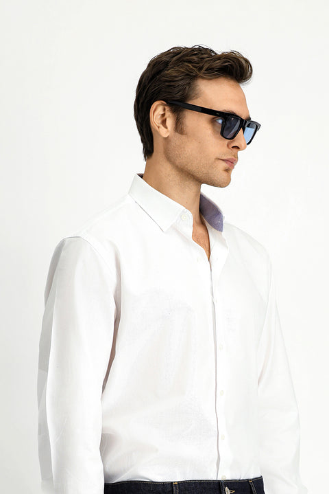White Long-Sleeve Classic Patterned Cotton Shirt