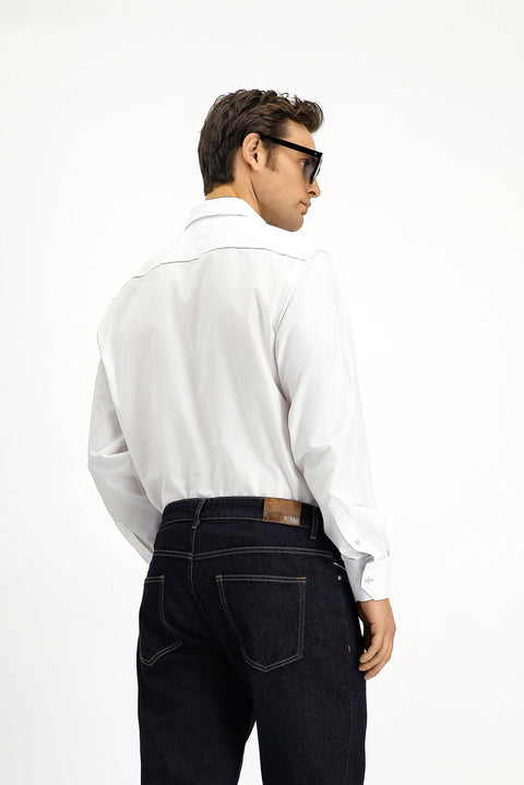 White Long-Sleeve Classic Patterned Cotton Shirt