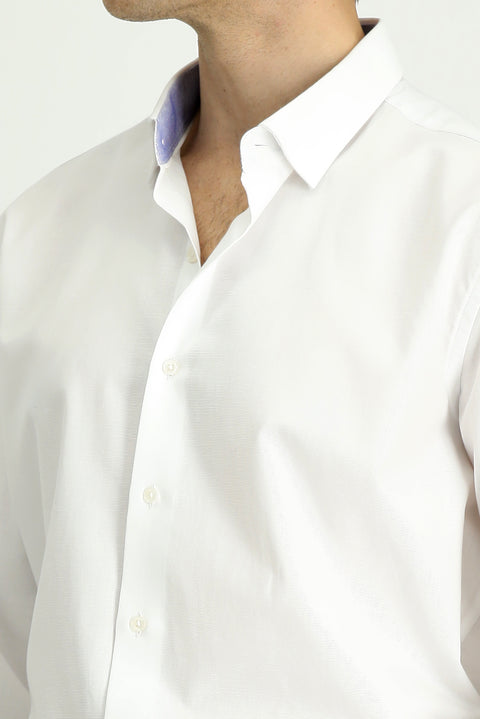 White Long-Sleeve Classic Patterned Cotton Shirt