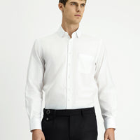 White Long-Sleeve Classic Patterned Cotton Shirt