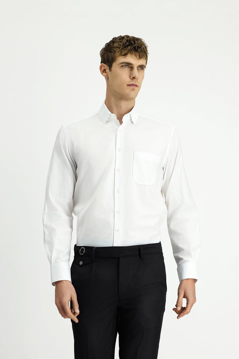 White Long-Sleeve Classic Patterned Cotton Shirt