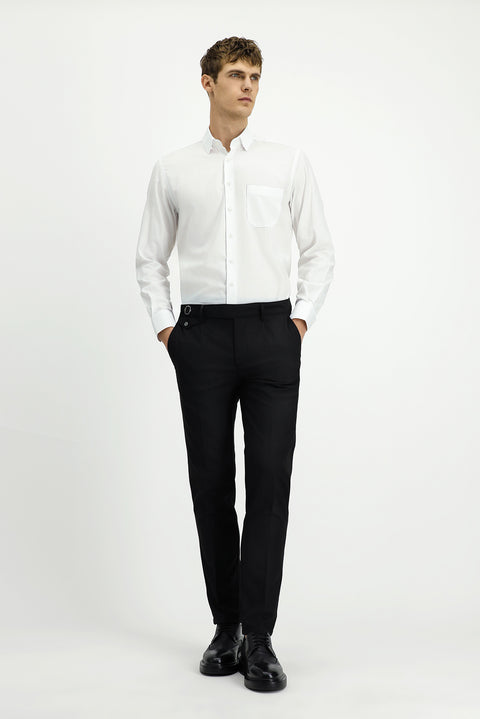 White Long-Sleeve Classic Patterned Cotton Shirt