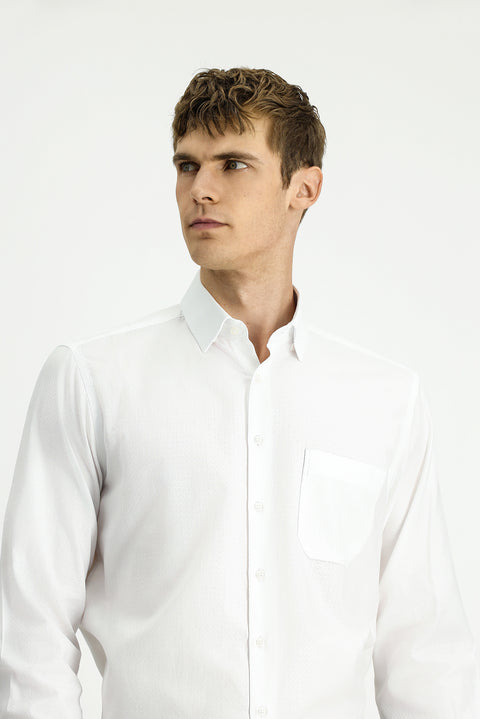 White Long-Sleeve Classic Patterned Cotton Shirt