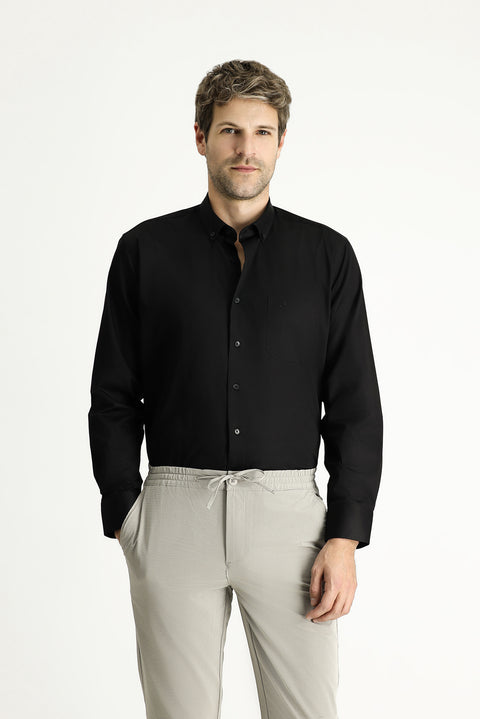 Black Long Sleeve Regular Fit Patterned Sporty Cotton Button-Down Collar Shirt