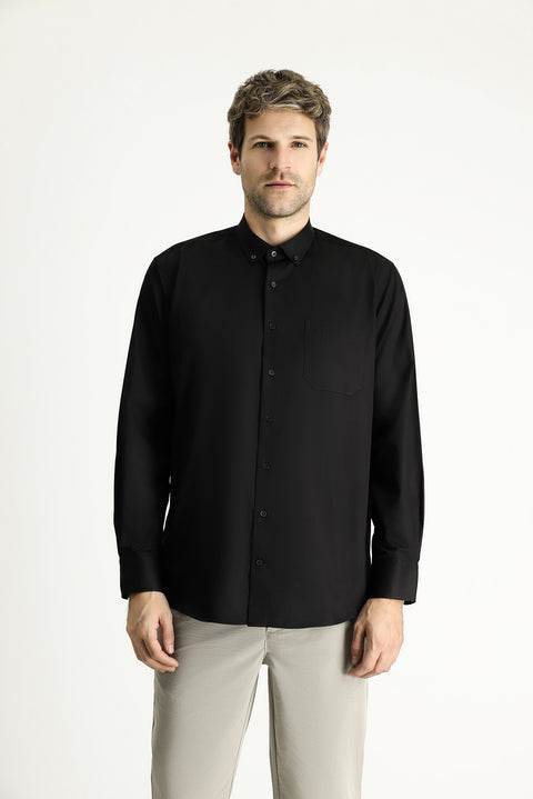 Black Long Sleeve Regular Fit Patterned Sporty Cotton Button-Down Collar Shirt