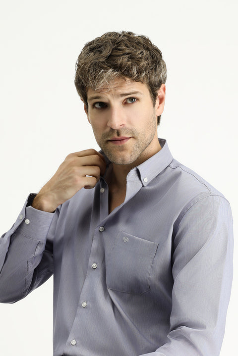 Dark Blue Long Sleeve Regular Fit Patterned Sporty Cotton Button-Down Collar Shirt