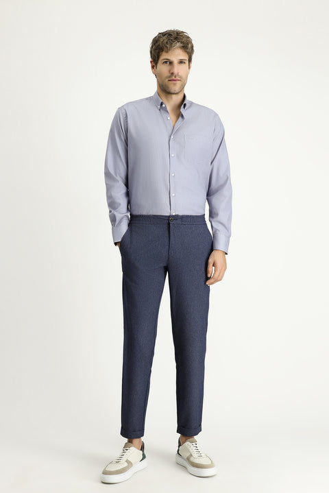 Dark Blue Long Sleeve Regular Fit Patterned Sporty Cotton Button-Down Collar Shirt